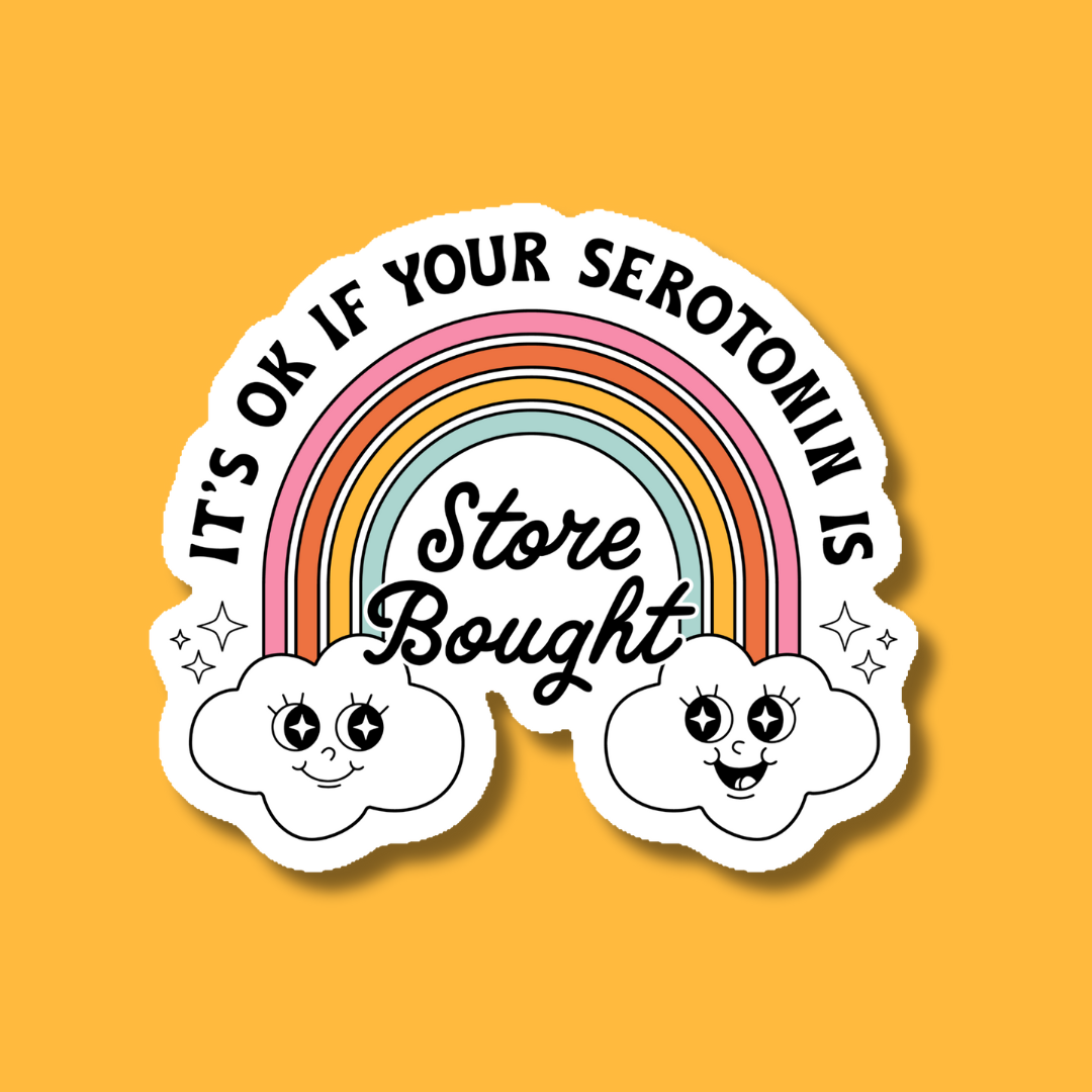 a sticker with a rainbow and clouds on it