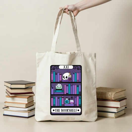 a tote bag with a picture of a book shelf