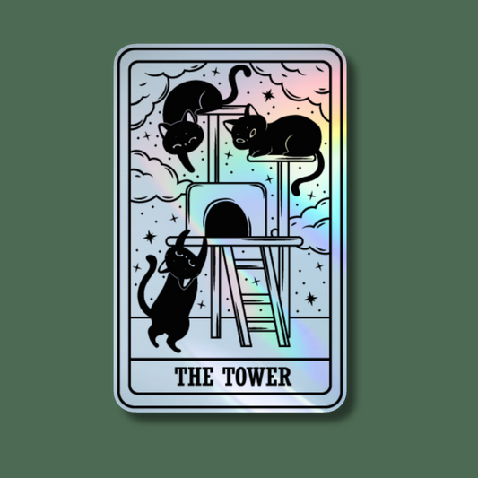 The Tower Cat Tarot Card Holographic Sticker