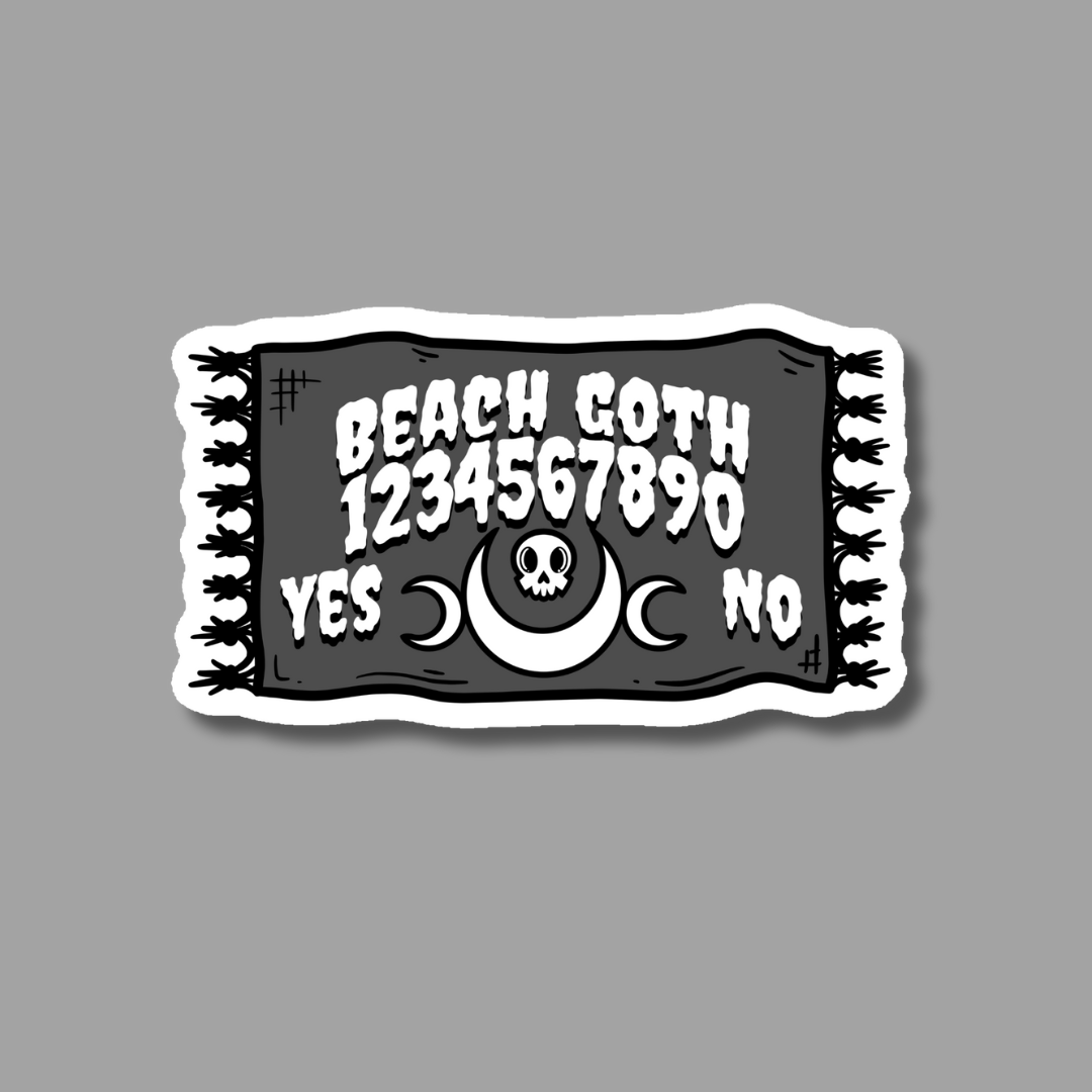 a black and white sticker with the words beach goth on it