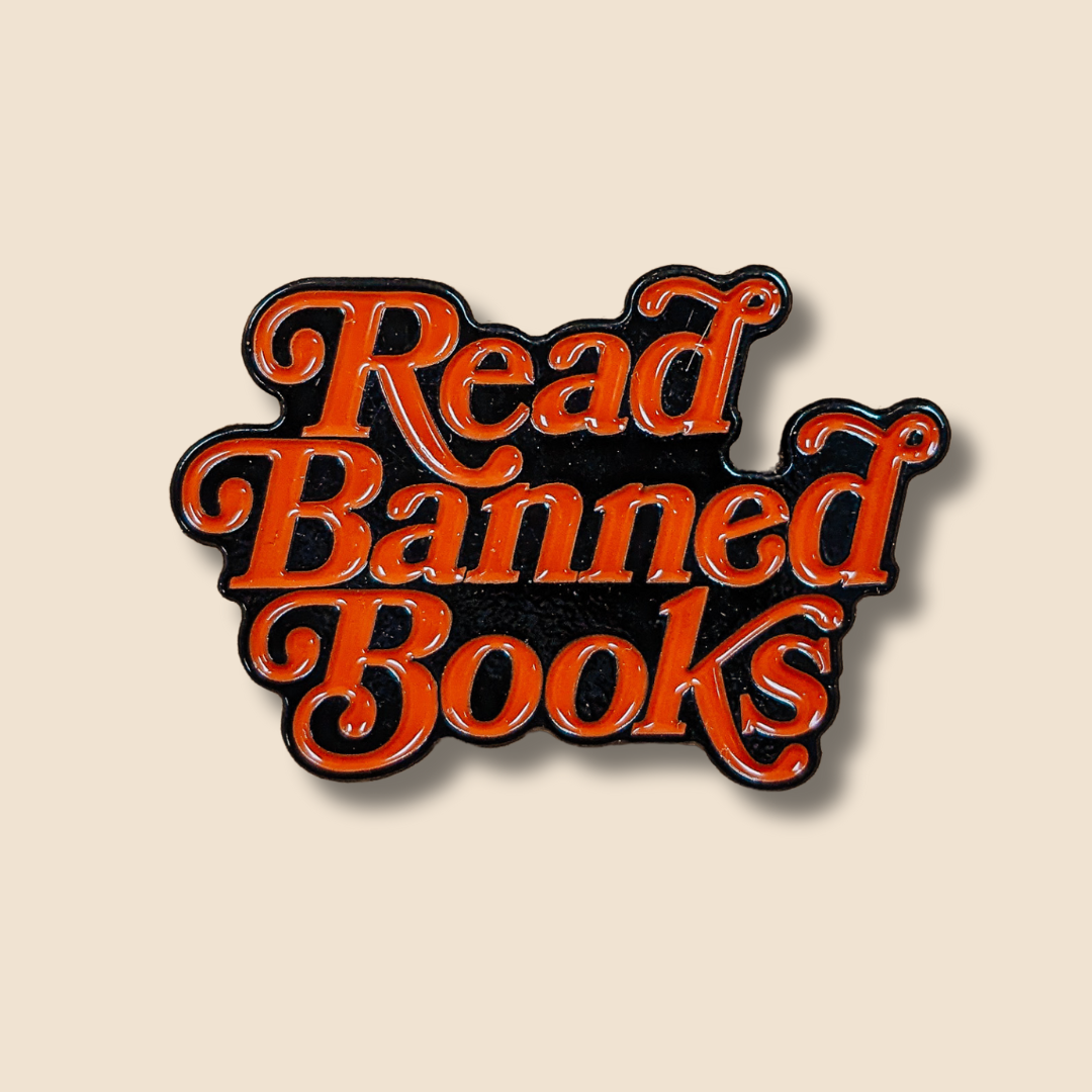 a red and black sign that reads read banned books