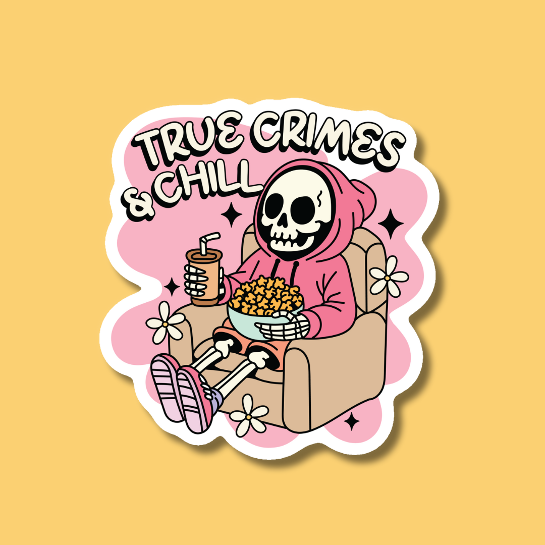 a sticker with a skeleton eating popcorn