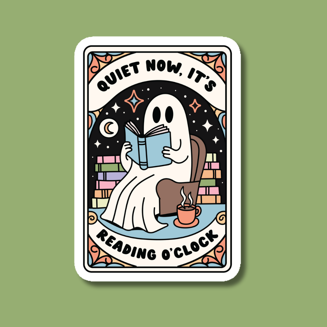 a sticker of a ghost reading a book