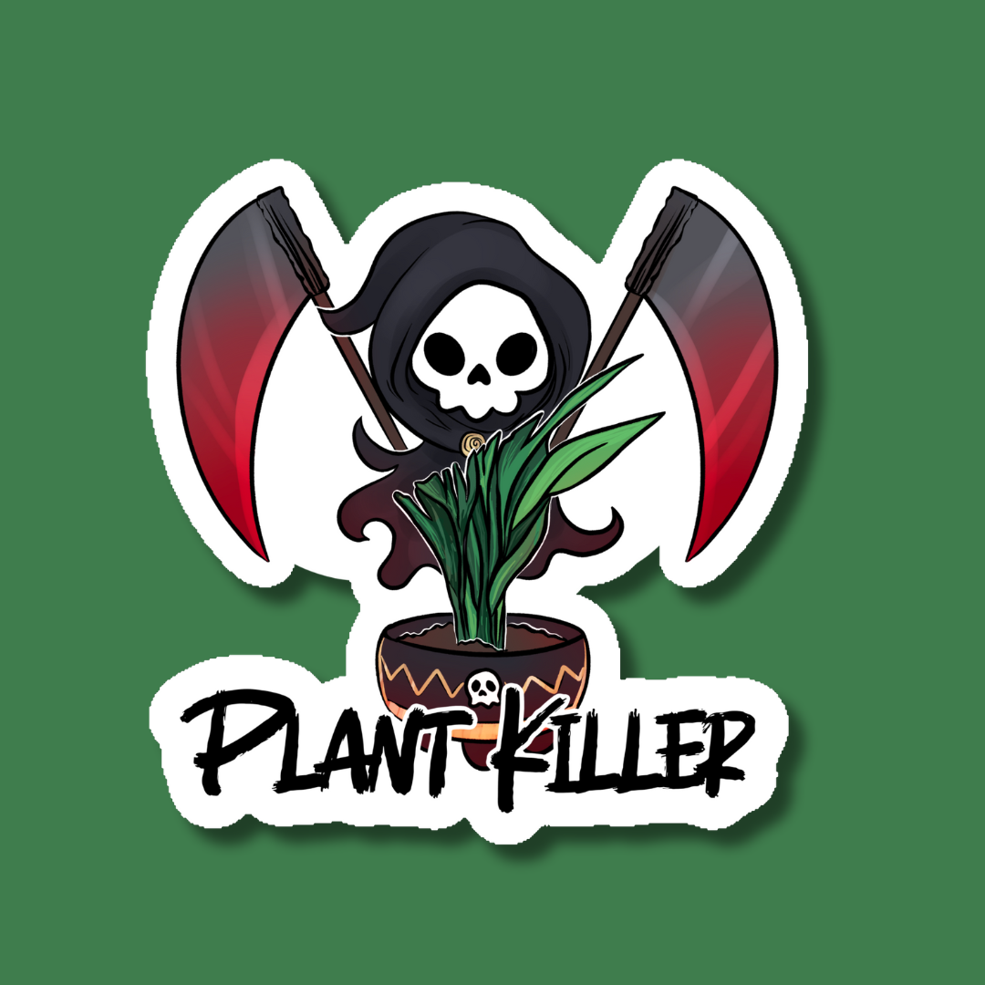 a sticker with a skull and a plant in it