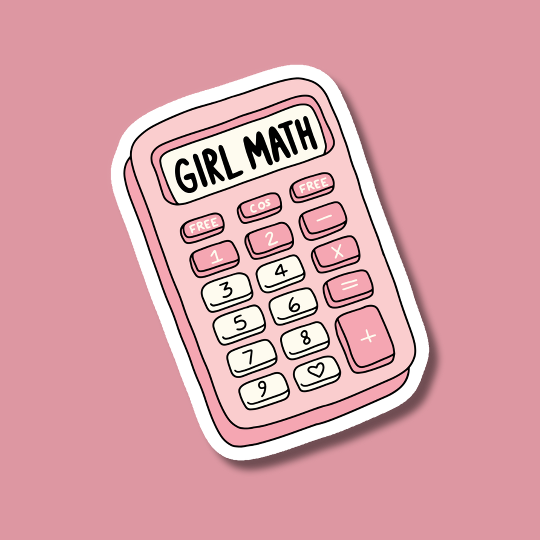 a pink calculator sticker that says girl math