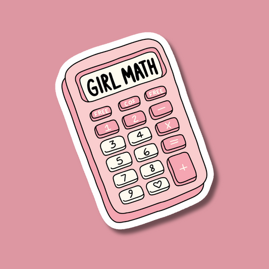 a pink calculator sticker that says girl math