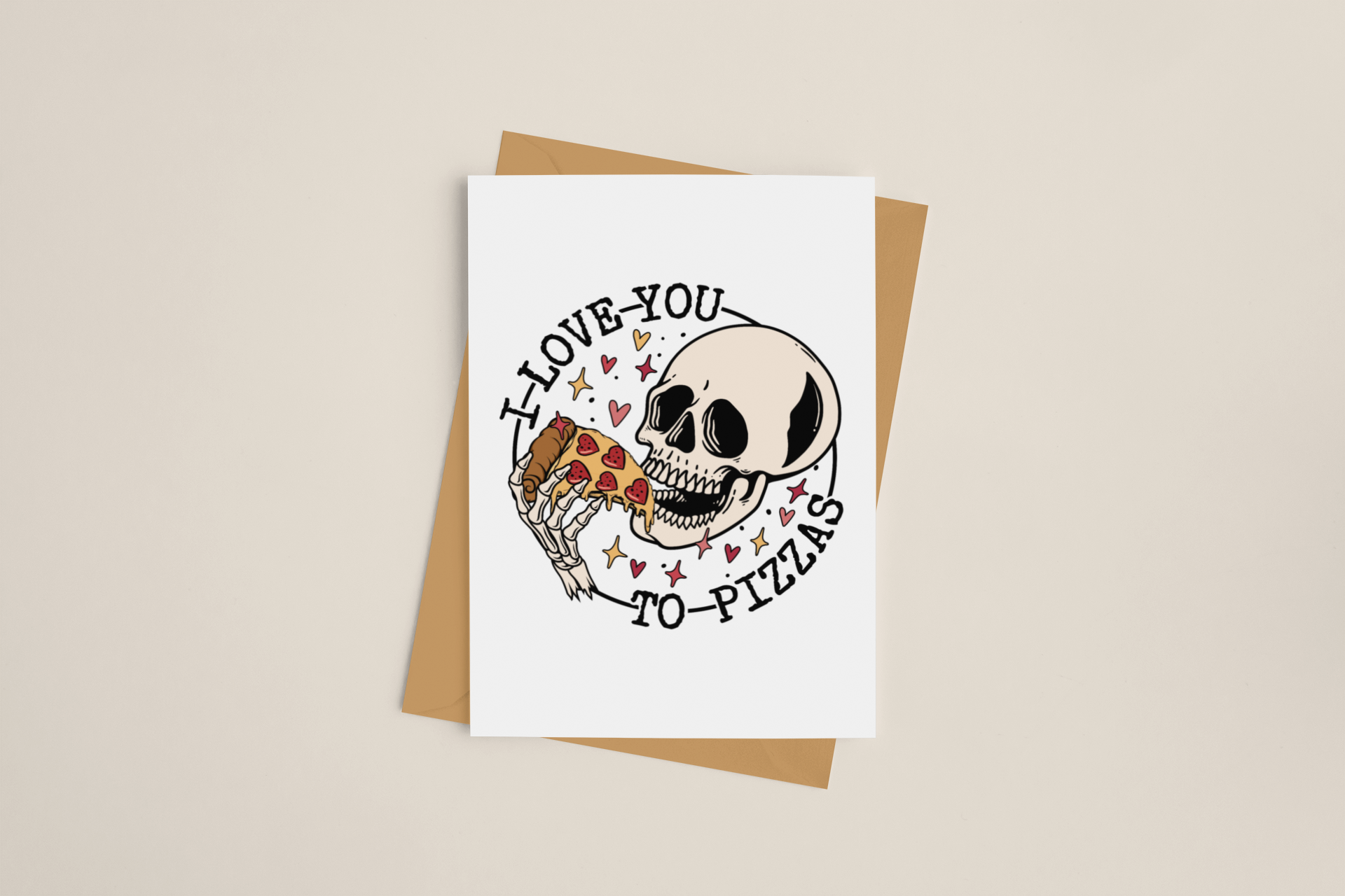 a card with a skull holding a slice of pizza