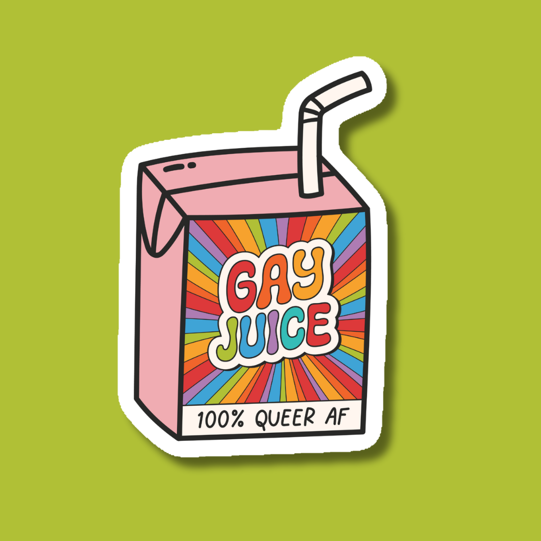 a sticker with the words gay juice on it