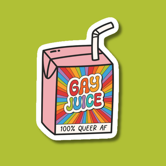 a sticker with the words gay juice on it